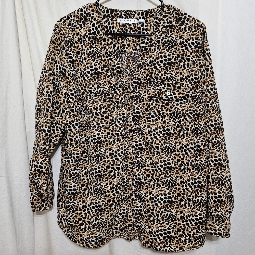Notations Leopard Print Long Sleeve Button Down Shirt Size L